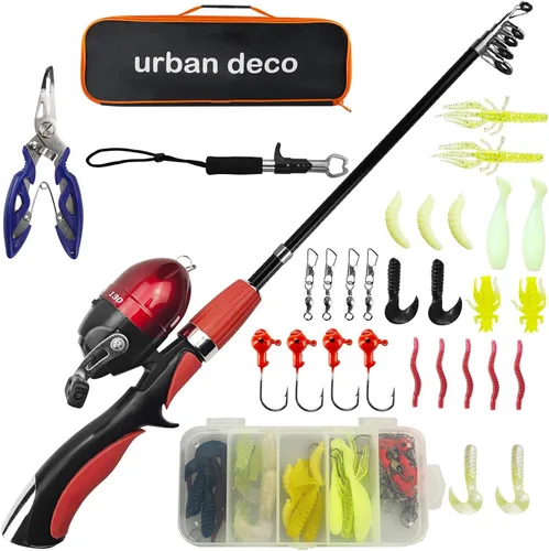 Urban Deco Juego de caña de pescar para niños, portátil, telescópica, caña, carrete y kit combinado con caja de aparejos para principiantes, niños,