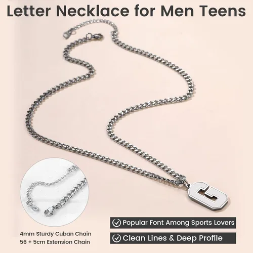 Miniatura 5 de GoldChic - Collar con letra inicial para hombre, de acero inoxidable, collar de iniciales grandes para deportistas y atletas, colgante del alfabeto