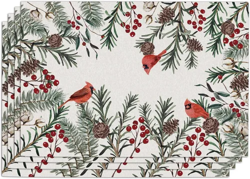 Miniatura 7 de Seliem Winter Birds - Juego de 4 manteles individuales de PVC, diseño vintage de cardenal con ramas de bayas rojas, manteles individuales de vinilo