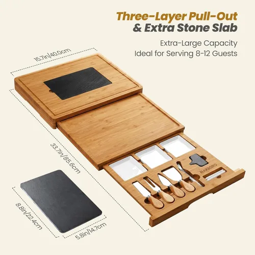 Miniatura 6 de Juego de tablas de charcutería extra grandes de 33.7 x 15.7 pulgadas, juego de tabla de queso y cuchillos 100% de bambú, bandeja de plato de queso