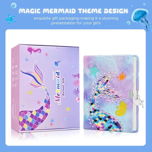 Miniatura 3 de homicozy Diario de sirena para niñas con cerradura y llaves, diario esponjoso tie-dye para niños con 160 páginas rayadas, cuaderno secreto mullido