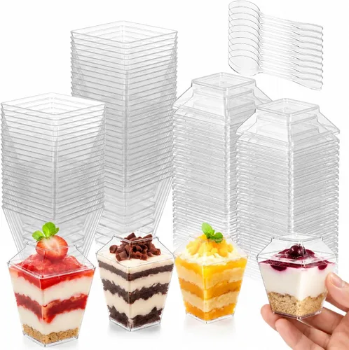 Oomcu Mini tazas de parfait cuadradas transparentes desechables para yogur, helado, mousse, aperitivos, embutidos, pudín, gelatina, dulces,