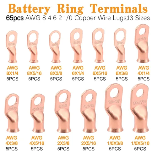 Miniatura 2 de Kit de 260 terminales de anillo de batería AWG8 de calibre 4 6 2 1/0 y conectores a tope no aislados, 65 lengüetas de férula de crimpado sin
