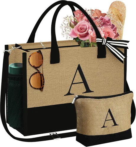 Miniatura 8 de YOOLIFE Regalos personalizados para mujeres, bolsa de yute con inicial y bolsa de maquillaje, regalos de cumpleaños para mujeres, mamá, esposa