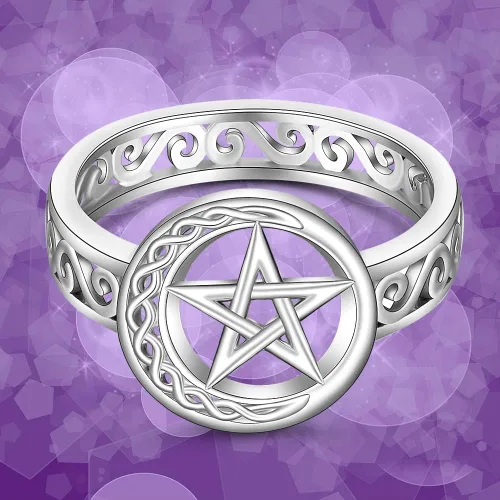 Miniatura 9 de Talonior Anillo de pentagrama con pentáculo para mujer, nudo celta, luna creciente, bruja, wicca, anillos paganos, plata de ley, amuleto, estrella