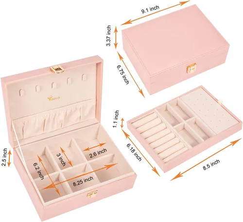 Miniatura 6 de Voova - Joyero organizador para mujeres y niñas, 2 capas de almacenamiento de joyas grandes para hombres, soporte para joyas de piel sintética