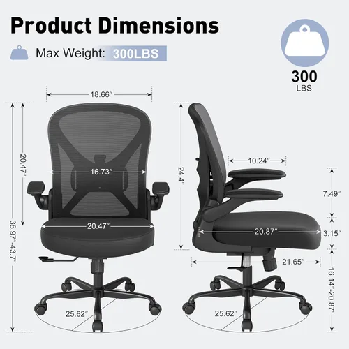 Miniatura 2 de ZZH Silla de oficina de malla con soporte lumbar ajustable y brazos abatibles, silla de escritorio ergonómica para oficina en casa con ruedas
