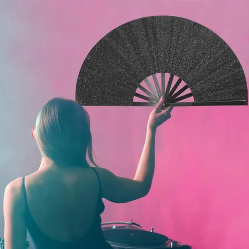 Miniatura 5 de Ventilador de mano plegable grande para rave, ventilador de estallido para baile de línea, ventilador plegable para exteriores, boda, fiesta, Negro