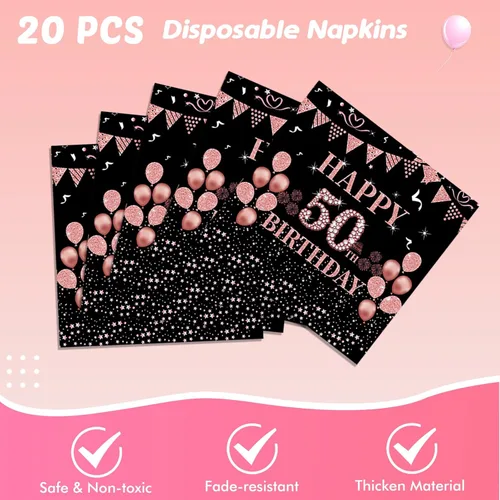 Miniatura 4 de Ryzovo - Decoraciones de cumpleaños 50 para mujer, platos de papel desechables negro y oro rosa, suministros de fiesta para 20 invitados, 41 piezas