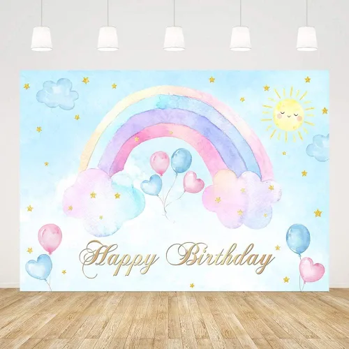 Miniatura 3 de AIBIIN Telón de fondo de feliz cumpleaños arcoíris de 7 x 5 pies para niñas, globos de nube rosa y azul, fondo de fotografía, decoración de fiesta