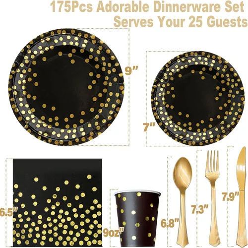 Miniatura 2 de AIRE 175 piezas de platos de papel negro y dorado, juego de vajilla para fiestas, suministros para 25 invitados, platos desechables para fiesta, 175