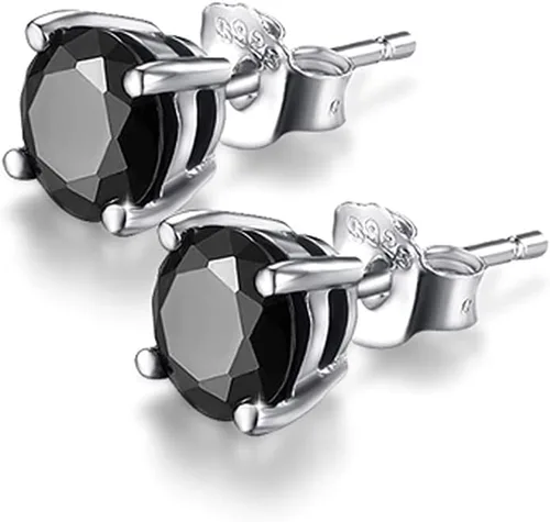 Solitaire - Aretes redondos de plata de ley 925 de ónix negro chapado en platino, joyería fina para mujeres y hombres