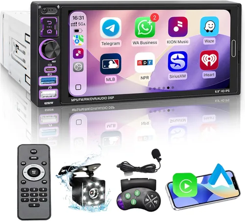 Estéreo de coche de un solo DIN con Apple Carplay inalámbrico y Android Auto, radio IPS de 6.9 pulgadas con pantalla táctil Bluetooth 5.2, control