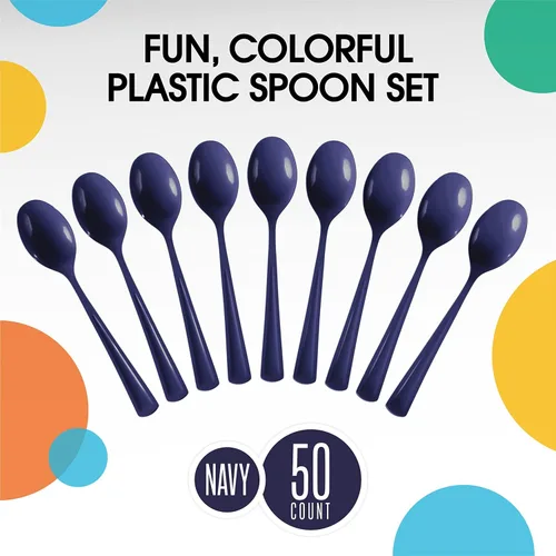 Miniatura 3 de Exquisite Cucharas de plástico azul marino, 50 piezas, cucharas de color azul marino, utensilios desechables, cubiertos de plástico resistente