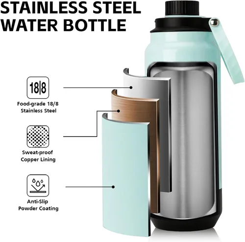 Miniatura 4 de GREYLOCK Botella de agua aislada de 24 onzas con tapa con popote, botella de acero inoxidable reutilizable a prueba de fugas, fría y caliente las 24