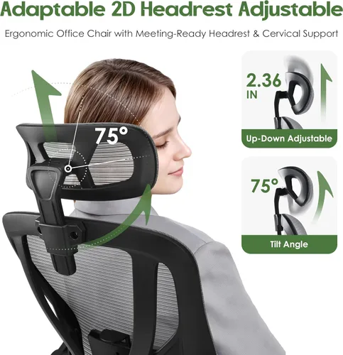 Miniatura 5 de Silla de oficina ergonómica de escritorio, silla de oficina de malla con respaldo alto con reposacabezas, ruedas, soporte lumbar, sillas de oficina