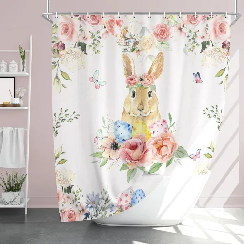 Miniatura 7 de Wathon Bonita cortina de ducha de conejo de Pascua, juego de decoración de baño con mariposa floral, tela de tela, juego de decoración de baño