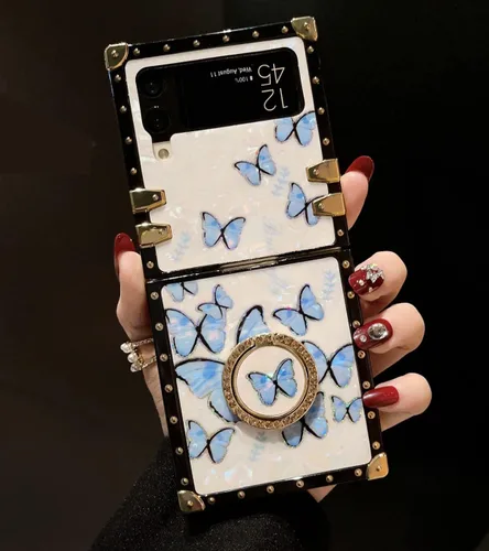 Funda de mariposa con soporte de anillo para Galaxy Z Flip 3 para mujeres y niñas, diseño de caja cuadrada de lujo, diseño de mármol brillante,