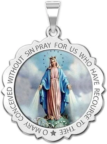 Picturesongoldcom Collar con medalla milagrosa católica Virgen María colgante redondo para mujeres y hombres hecho en oro amarillo o blanco de 10