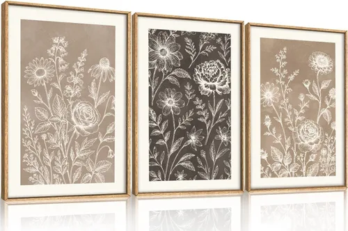 Miniatura 8 de Aryroi Juego de arte de pared en lienzo abstracto grande con marco floral, estilo bohemio, retro, neutro, flores silvestres, arte botánico de flores