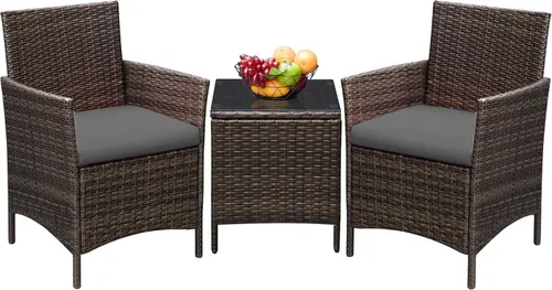 Greesum Juego de muebles de patio de 3 piezas para exteriores, sillas de mimbre de ratán PE con cojín suave y mesa de centro de cristal para jardín,
