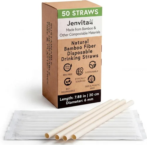Jenvita Pajitas biodegradables de polvo de bambú (paquete de 50) – Pajitas compostables de 7.88 pulgadas envueltas individualmente | 100%