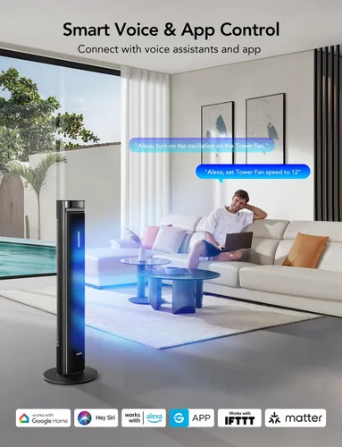 Miniatura 3 de GoveeLife Ventilador de torre de 42 pulgadas para dormitorio, ventiladores de piso inteligentes con oscilación ajustable de 150°, aplicación