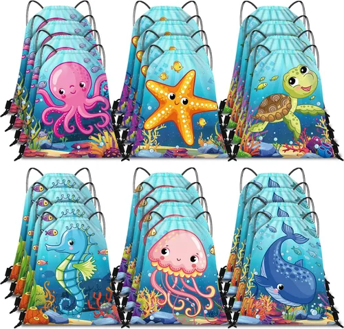 Frienda 24 bolsas con cordón para recuerdos de fiesta oceánica, bolsas de dulces, mochila bajo el mar con criaturas para niños, suministros de