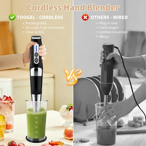 Miniatura 2 de Batidora de inmersión inalámbrica: batidora de mano eléctrica recargable 4 en 1, 21 velocidades y 3 ángulos ajustables con picadora de 700 ml, vaso