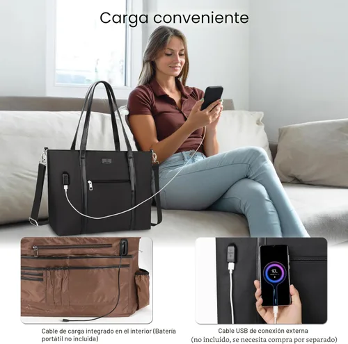 Miniatura 4 de Bolsa de mano para laptop de 15.6 pulgadas, maletín tipo bolsa de tamaño grande con puerto USB para mujer 01-Negro
