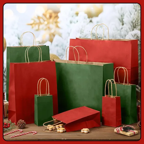 Miniatura 5 de Tenceur 100 bolsas de regalo de Navidad rojas y verdes, bolsas de papel kraft con asas, regalo de vacaciones para boda, baby shower, despedida