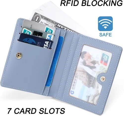 Miniatura 3 de Altally Cartera pequeña para mujer, con bloqueo RFID, billetera de bolsillo plegable, delgada, compacta, minicarteras para mujer, Azul, Cartera Rfid