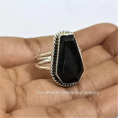 Miniatura 5 de Anillo de ataúd de ónix negro natural, chapado en plata de ley 925, piedra preciosa negra, declaración hecha a mano, piedra de ataúd, regalo
