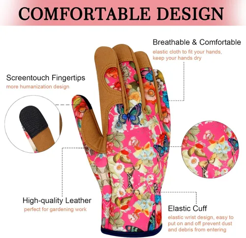 Miniatura 3 de Guantes de jardinería de cuero para mujer, guantes de jardín a prueba de espinas, guantes de trabajo para pantalla táctil, regalos ColorH