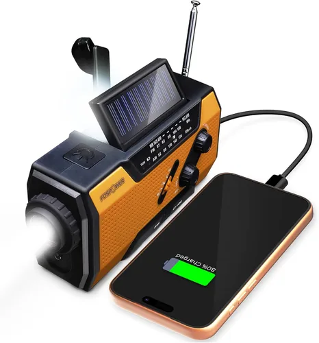 FosPower NOAA Radio meteorológica de emergencia A1 7400 mWh, banco de energía portátil, AM/FM, USB/solar/carga de manivela, funciona con pilas,