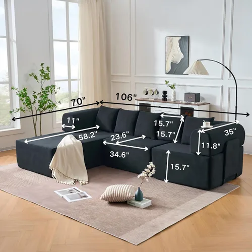 Miniatura 3 de Sofá modular de 106 pulgadas con diván en forma de L, moderno sofá modular Cloud con asiento profundo, cómodo sofá comprimido de terciopelo sin Negro