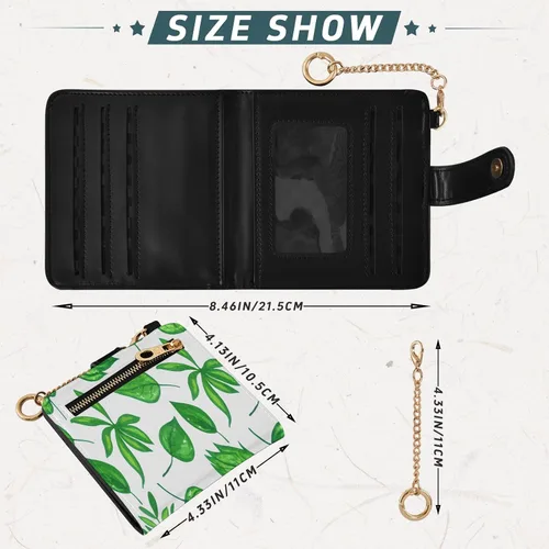 Miniatura 3 de Qilmy Green Leaves Compact Women's Wallet - RFID Blocking Bifold Card Case PU Leather Slim Travel Wallet with Zipper Coin Pocket, ID Window &