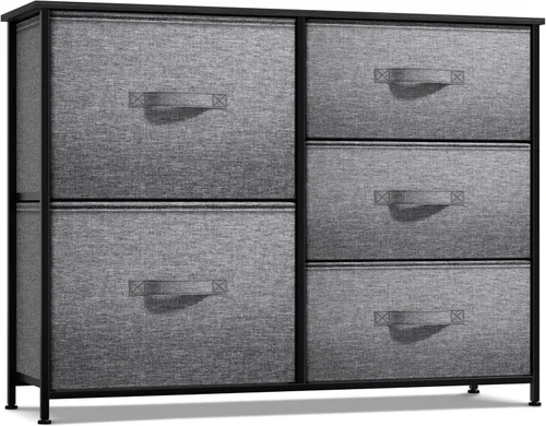 Miniatura 9 de Sorbus - Cómoda con 7 cajones: mueble organizador en torre con marco de acero, parte superior de madera, contenedores de tela fáciles de jalar