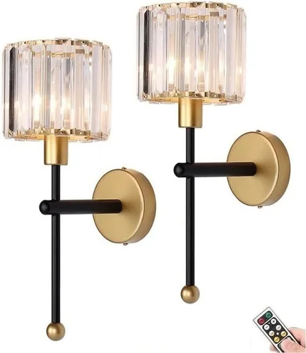 Miniatura 6 de Moderno juego de 2 apliques de pared de cristal de vidrio, funciona con pilas, luces de pared recargables doradas con control remoto, accesorio