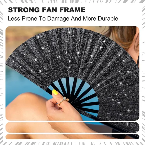 Miniatura 4 de Thyle Abanico grande con purpurina para bailar en línea, 6 unidades, color negro, aplaudiendo, regalos de fiesta, regalo para festivales Edm