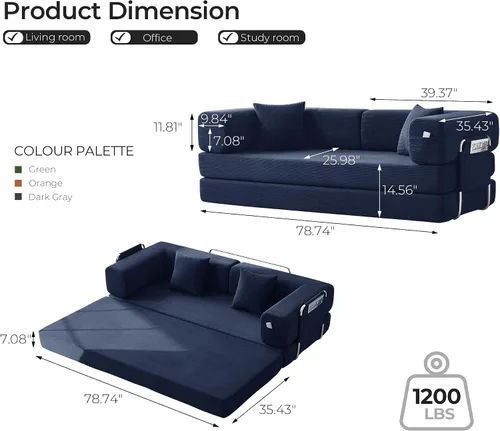 Miniatura 2 de Sofá cama convertible de 79 pulgadas con almohadas, sofá cama plegable de pana con marco de forma fija, sofá sin hueso para sala de estar