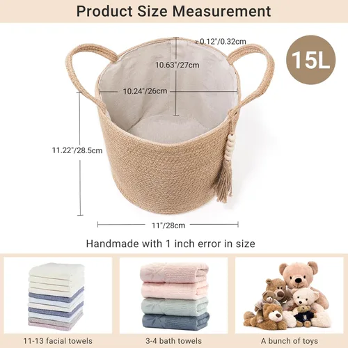 Miniatura 4 de Mkono - Canasta de almacenamiento tejida, canasta decorativa de cuerda natural con cuentas de madera para mantas, juguetes, ropa, zapatos y plantas