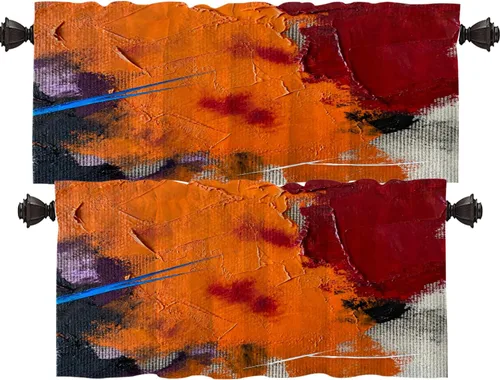 Miniatura 186 de Shrahala Beige and Orange Abstract Art Brushstrokes Blackout Curtain Tiers, Abstract Oil Paint Kitchen Valance Light Blocking Tier Drapes with Rod