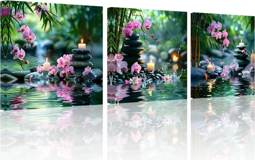 Miniatura 27 de TutuBeer 3 Paneles Arte Zen Decoración Spa Verde Bambú Decoración Rosa Aguas y Frangipani Imágenes Pintura Zen en Lienzo Impresiones Arte Bambú