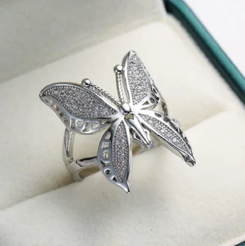 Miniatura 2 de Awmnjtmgpw - Anillo de compromiso de plata de ley 925 con diseño de mariposa brillante, plegable, con apertura ajustable