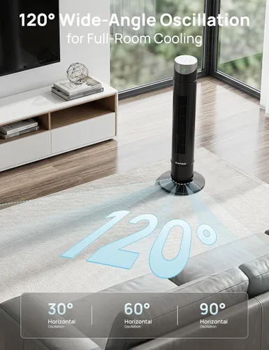Miniatura 12 de ZAFRO Ventilador de torre inteligente para dormitorio, ventilador de torre oscilante de 120°, 28 pies/s de alta velocidad, 12 velocidades, 4 modos