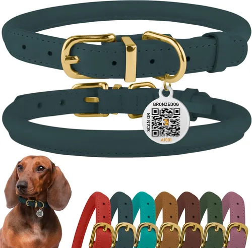 Collar de cuero enrollado, redondo, suave y ajustable con placa de identificación por QR para perro pequeño, mediano y grande, cachorro y gato Azul
