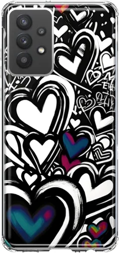 Mundaze - Case for Samsung Galaxy A32 Slim Hybrid Shockproof Hard Shell Soft TPU Heavy Duty Protective Phone Cover - Black White Hearts Love Graffiti