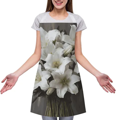 Miniatura 3 de Personalized White Lily Bouquet Adult Apron, Kitchen Cooking Aprons for Woman Man, Adjustable Bib Apron with Pocket for Baking, BBQ Crafting