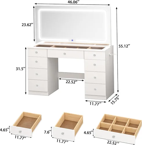 Miniatura 2 de JassmiPkwy Escritorio de maquillaje de 46 pulgadas con espejo, mesa de tocador de cristal con luces, cajones, toma de corriente, escritorio